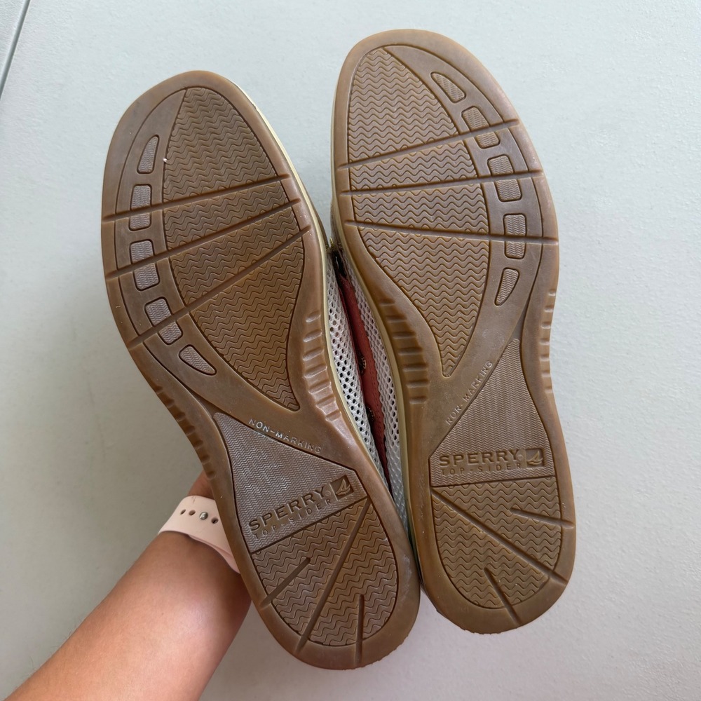 Sperry TopSider Women 9.5 Pink Tan Gold Leather Mesh Angelfish Boat Shoes Preppy - Picture 14 of 15